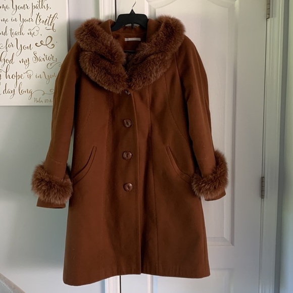 Sergio Cotti peacoat brown camel real‎ fur wool brown size 10/ 12 winter classic